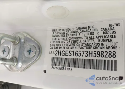 2003 Honda Civic Lx z USA, uszkodzony, nr VIN 2HGES16573H598288